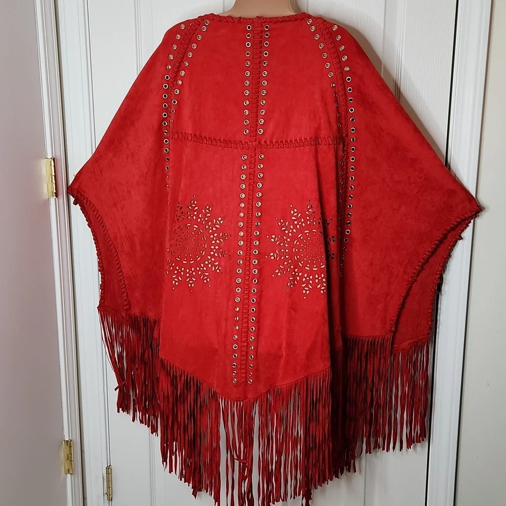 Tesoro moda festival bohemian fringe cut out cape poncho coverup L/XL
